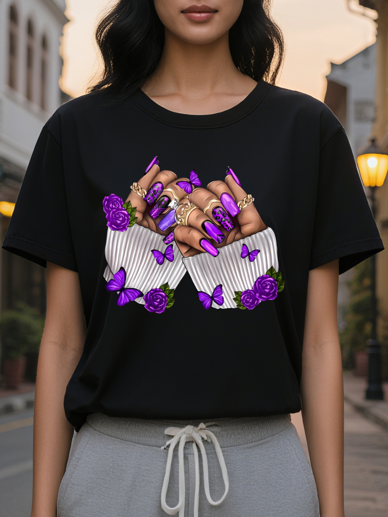 Large XL Women's Purple Butterfly Rose Nail Art Print Short Sleeve T-Shirt Casual Round Neck Summer Top Washable Plus Size