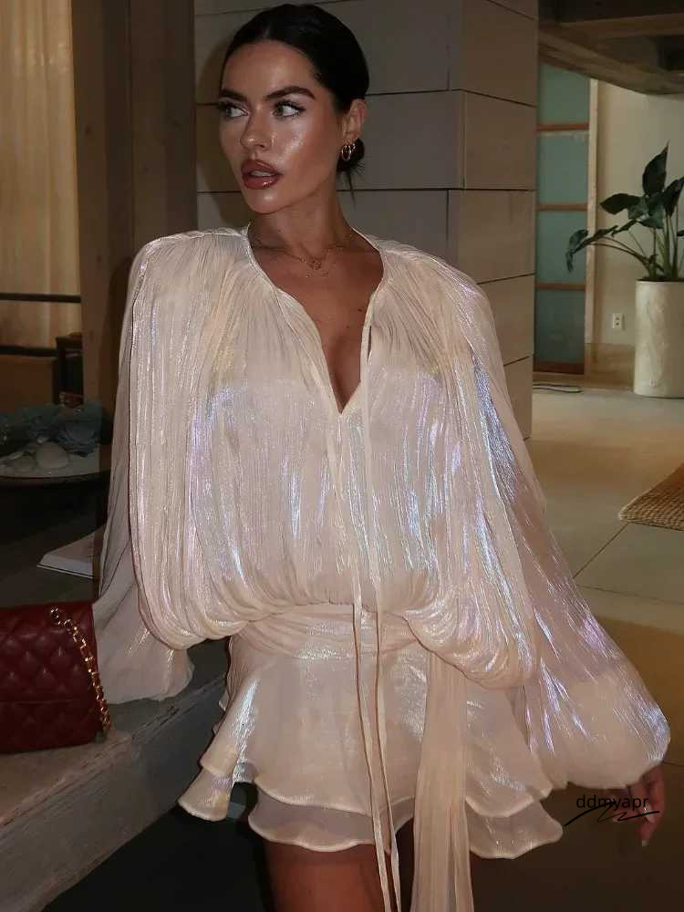 Fashion Mesh Layered Ruffle Dress Womens Sexy Long Sleeve Lace Up Bodycon Mini Ddmyday Dresses 2025 Chic Summer Night Club Party Gown Xj250610