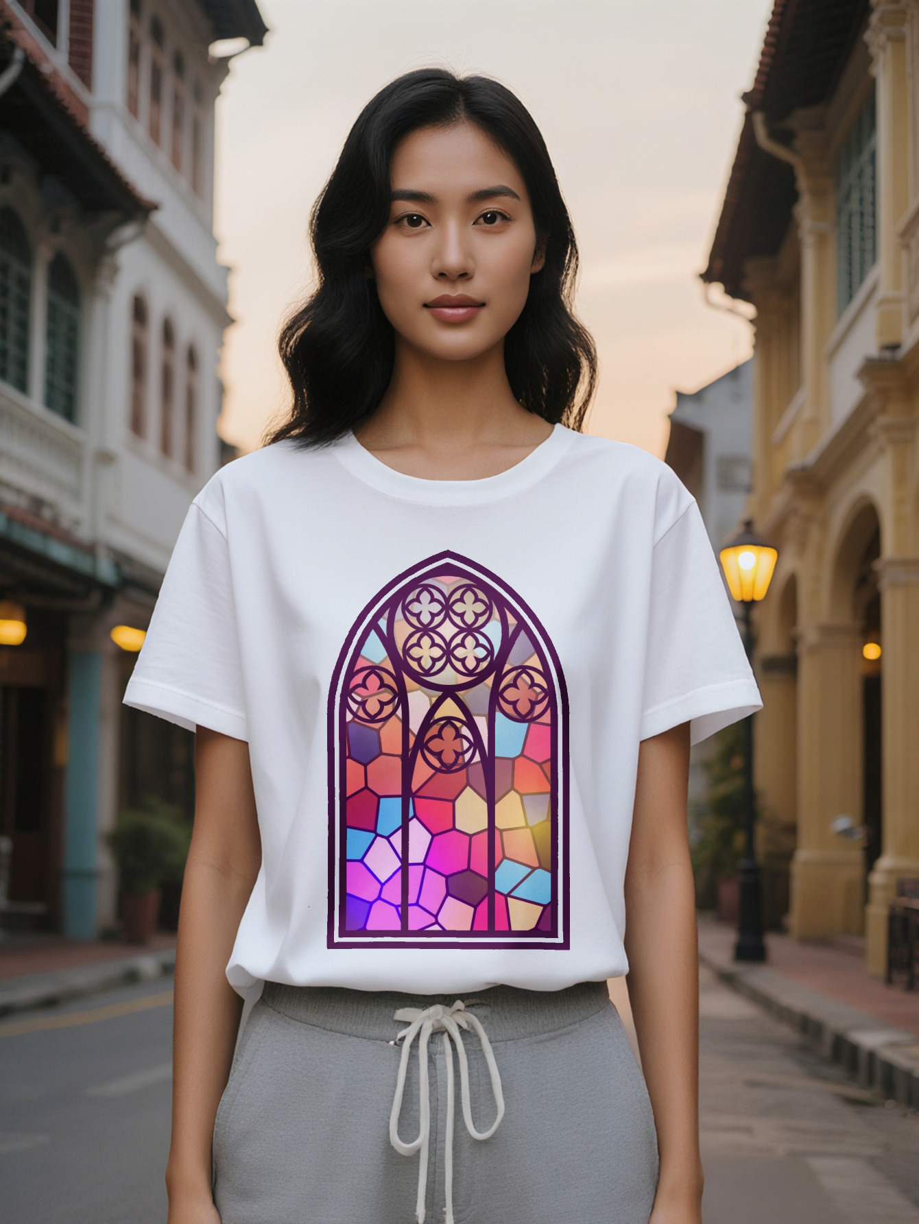 Large XL Women's Casual Short Sleeve T-Shirt with Stained Glass Window Graphic Print Vibrant Geometric Design Breathable Round Plus Size