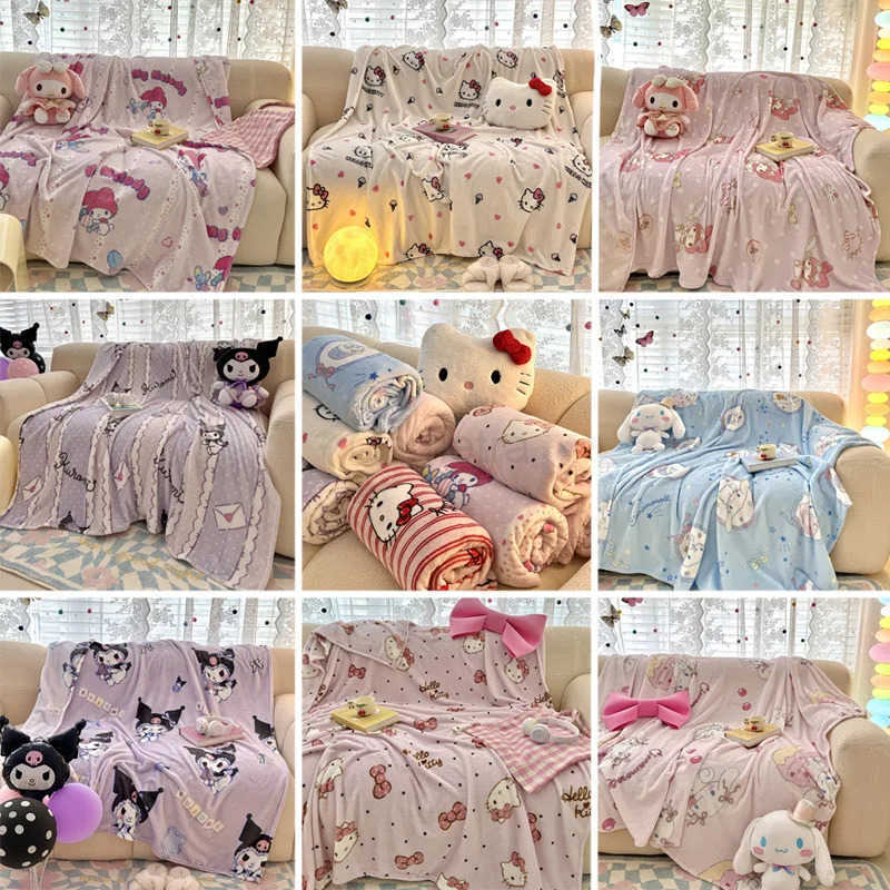 Sanrio Hello Kitty Double Sided Milk Velvet Blanket My Melody Kuromi Cinamonroll Sofa Air Conditioning Blanket Quilt Bed Sheets L250904