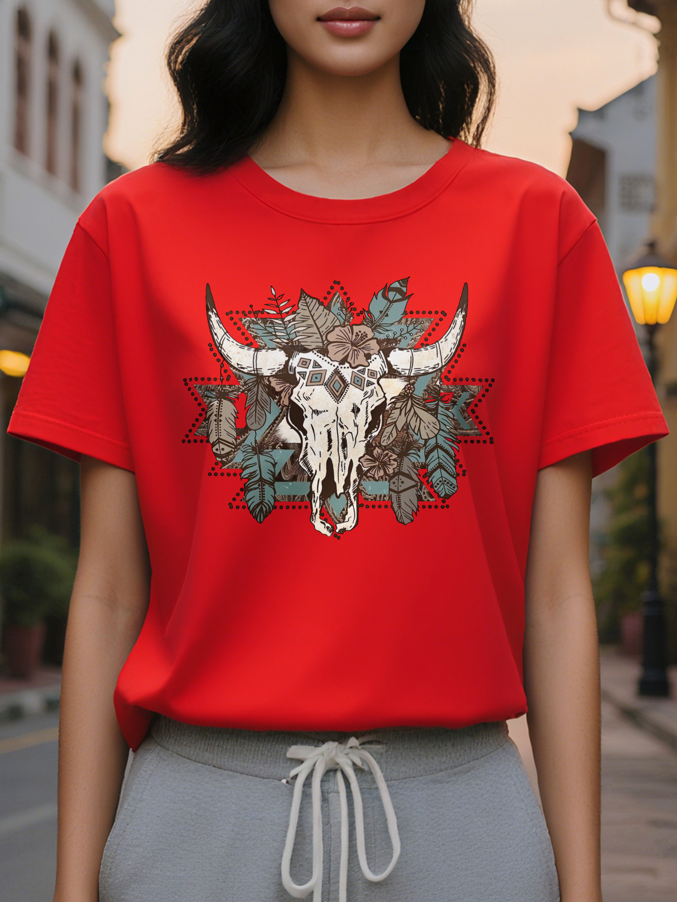 bull skull print T-shirt, short sleeve, round neck, casual top for summer and spring women