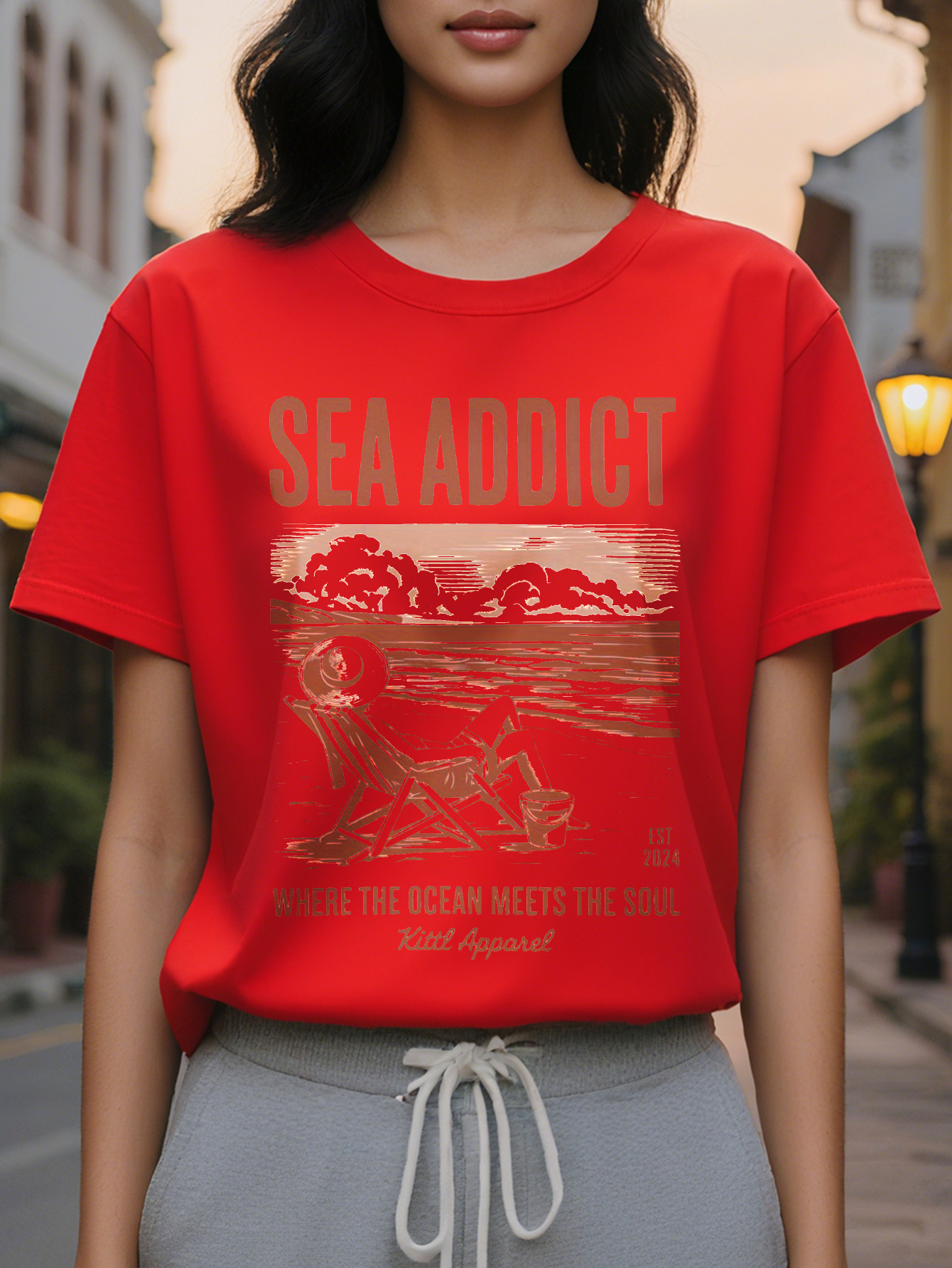 Ladies Elegant Beach T-Shirt White Coastal Pattern Short Sleeve Shirt Sea Addict Ocean Addiction Slogan Summer Vacation