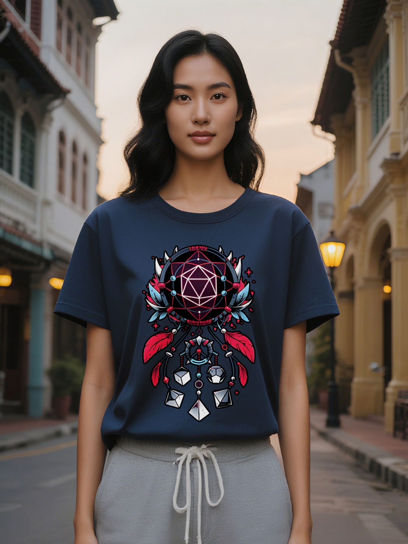 Large XL Casual Versatile Round Neck T-Shirt Geometric Polyhedron Black Border Print Pattern Top for Women Gift Plus Size