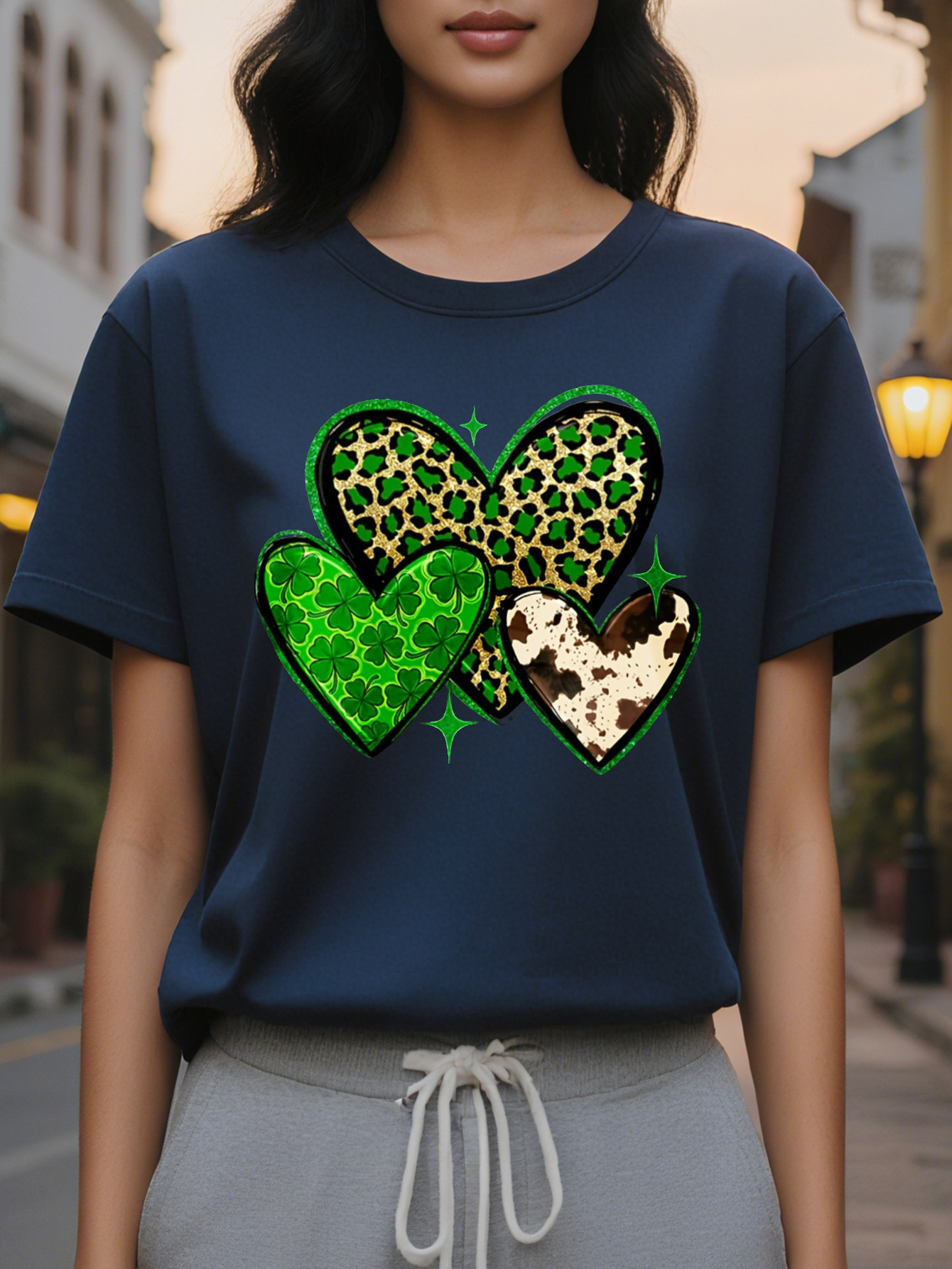 St Patrick's Day T-Shirt Clover Heart Print Short Sleeve Crew Neck Top for Spring Summer Women's Clothing
