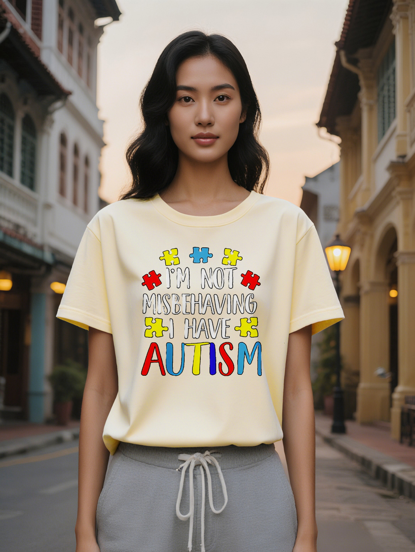 Large XL Casual Crew Neck T-Shirt I'm Not Misbehaving I Have Autism Print Black with Colorful Puzzle Pieces Design Summer Plus Size