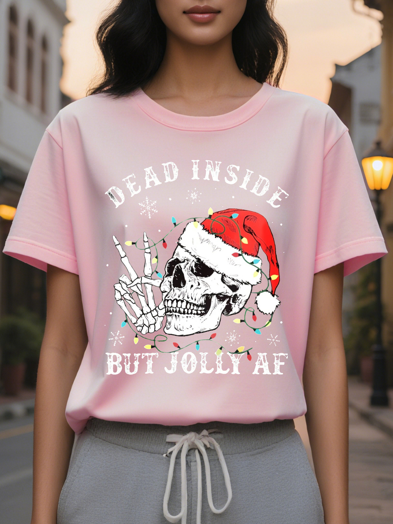 Large XL Women's Christmas Skull Print Crew Neck T-Shirt Soft Micro Elasticity Cotton Fabric Regular Length Hand Washable Plus Size