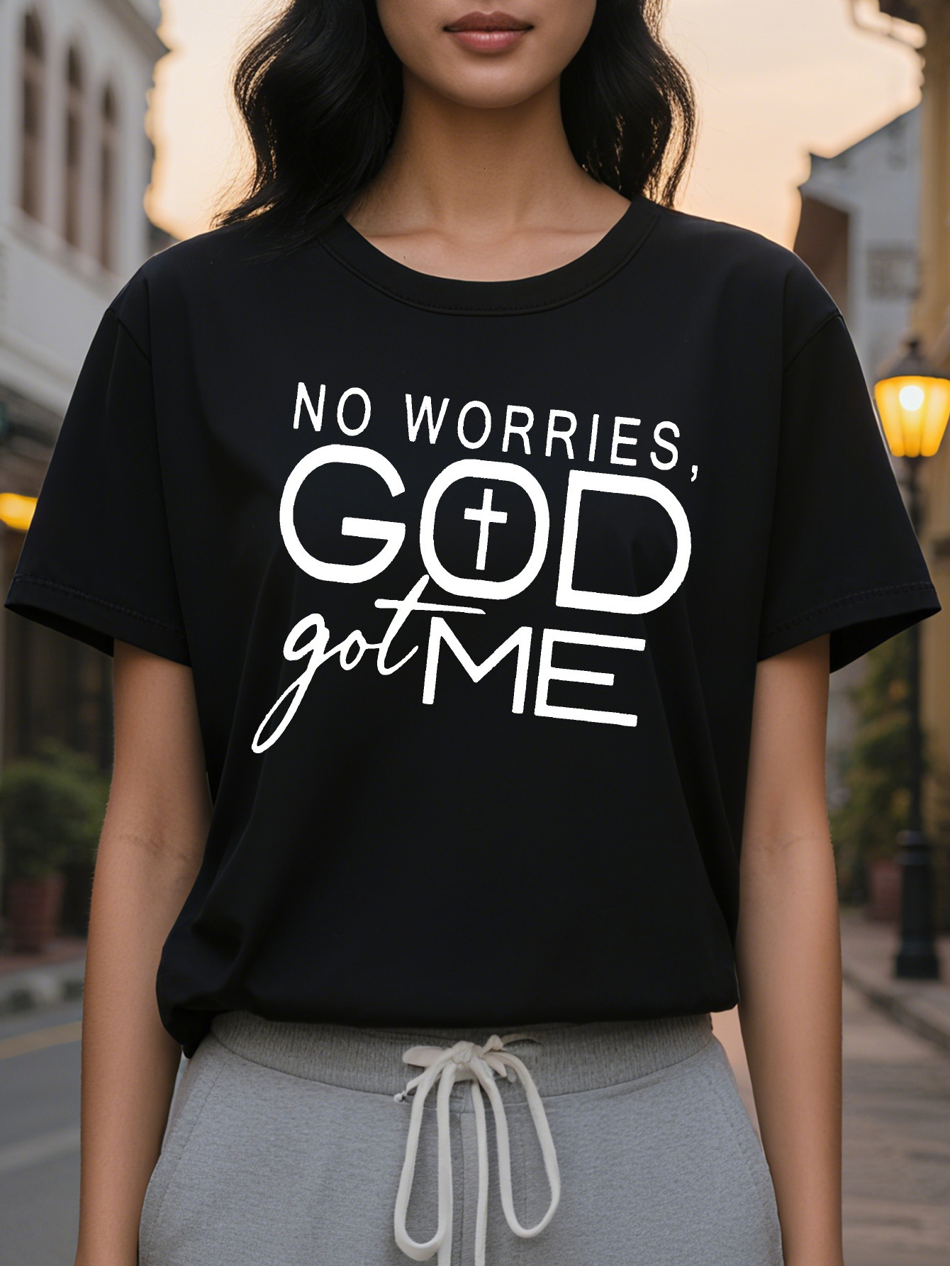Christian Women s NO WORRIES GOD GOT ME Casual Short Sleeve T Shirt Black with White Lettering Medium Stretch Round