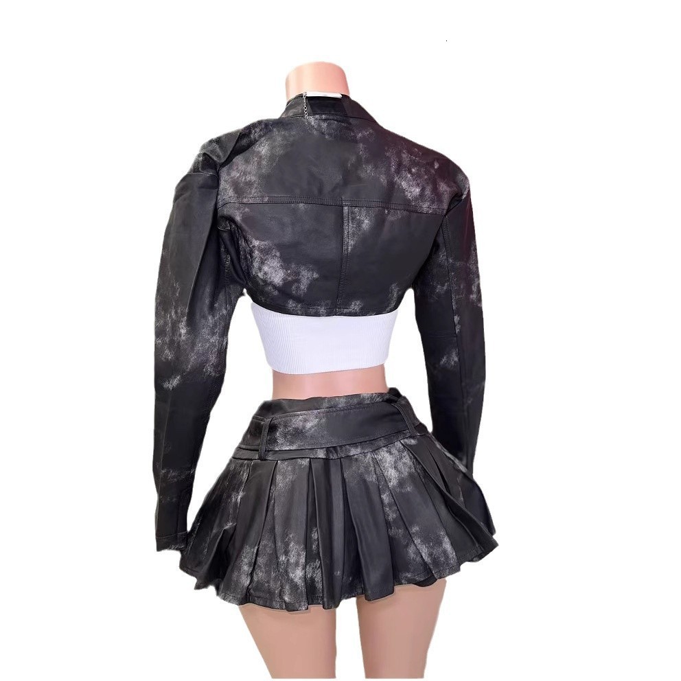 FC1296 new spicy girl leather jacket dress set for women 241220
