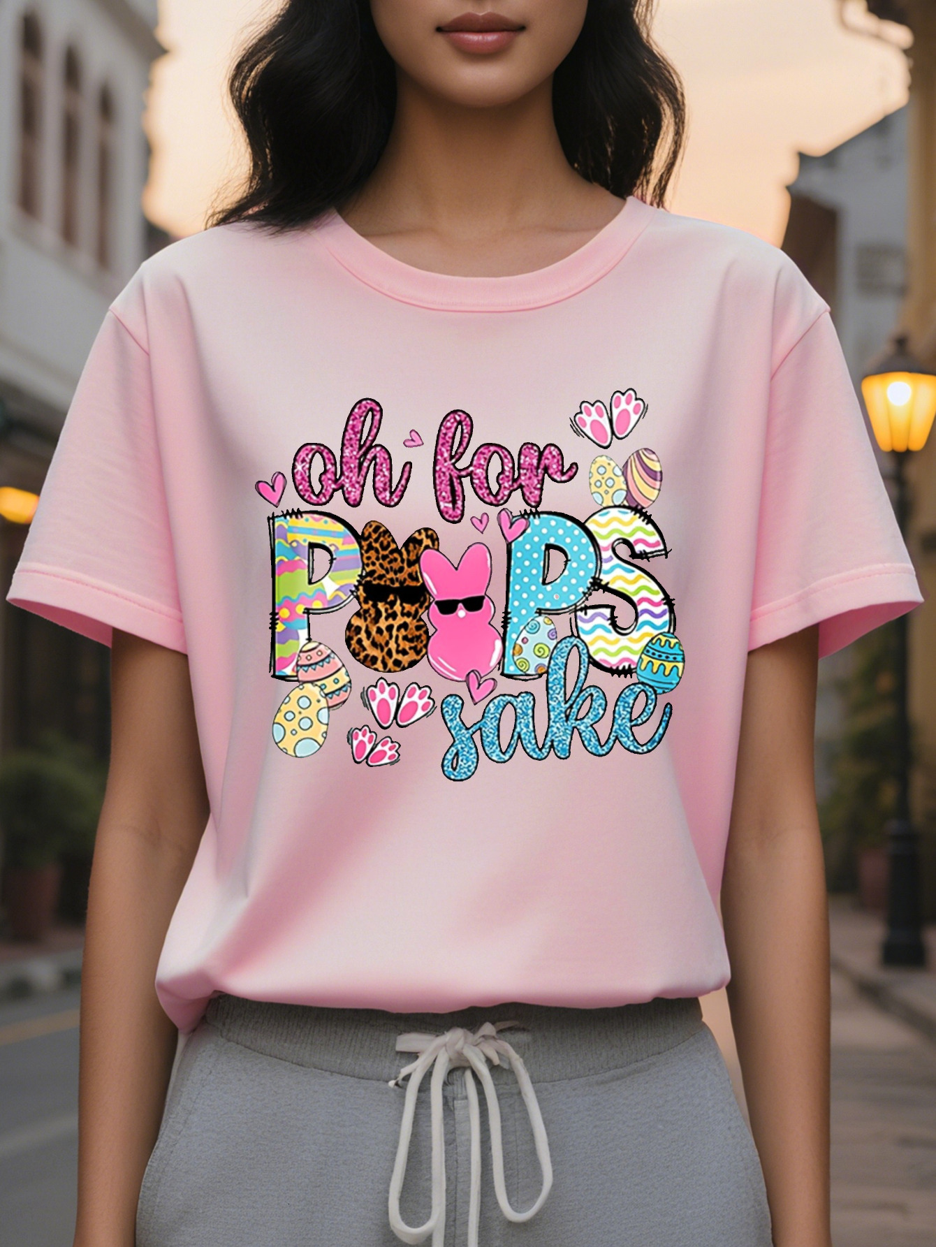 Happy Easter Peeps American Printed Pattern Spring and Summer New Fashion Round Neck T-shirt Slim Fit Slimming Women's