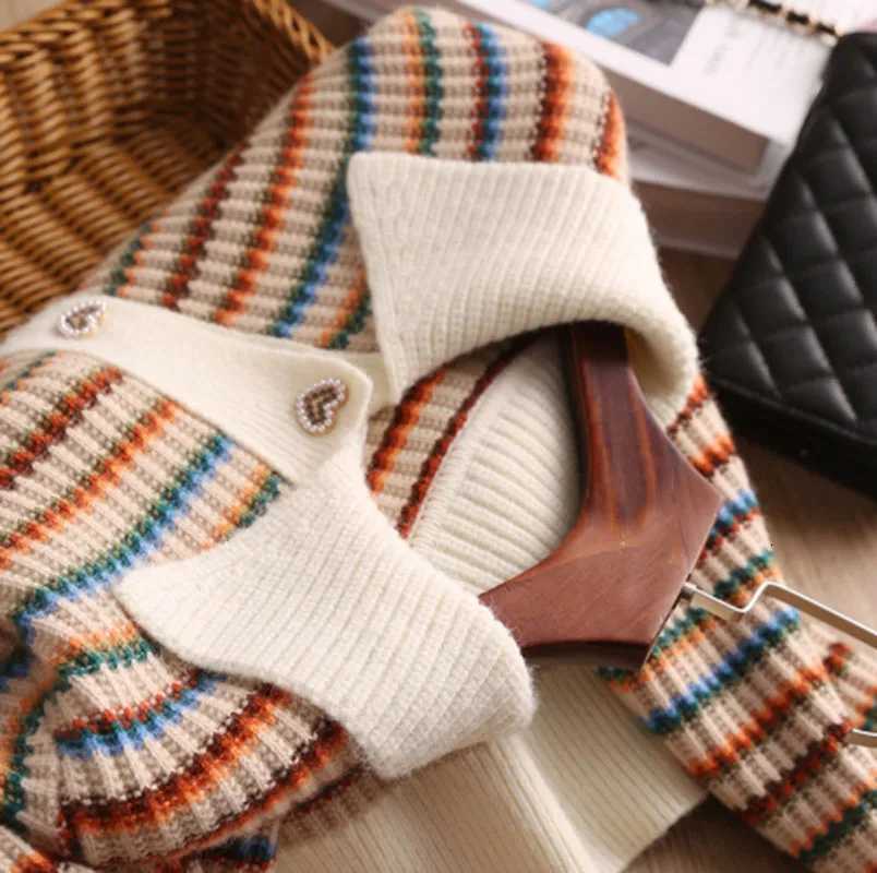 Womens Colorful Striped Knitted Cardigan Short Spring Autumn Vintage Stripe Sweater Fashion Slimming Flip Collar Loose Top M250904