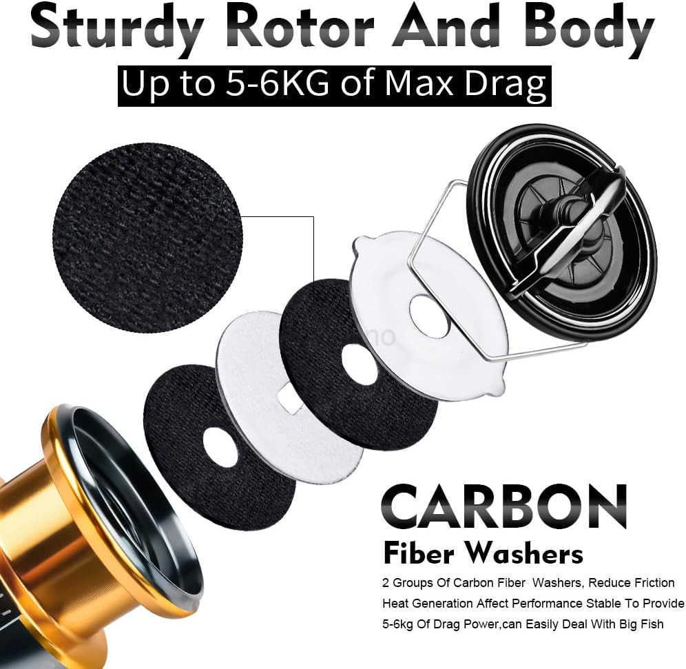 Spinning Reel Fishing Reels Carbon Fiber 13lb Max Drag 571 Gear Ratio 51BB Aluminum Spool Ultra Smooth for Saltwater Freshwater Bass Fishing Spinning 