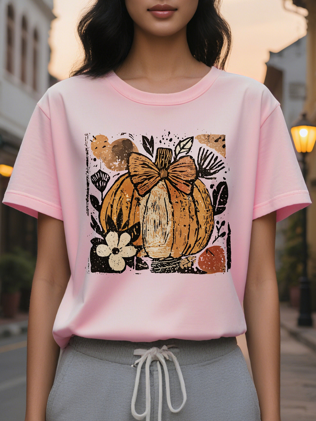Large XL Women's Creamy White Halloween Print Sweatshirt Pumpkin Leaf Design with Plaid Bow Accent Cozy Round Neck Pullover Plus Size