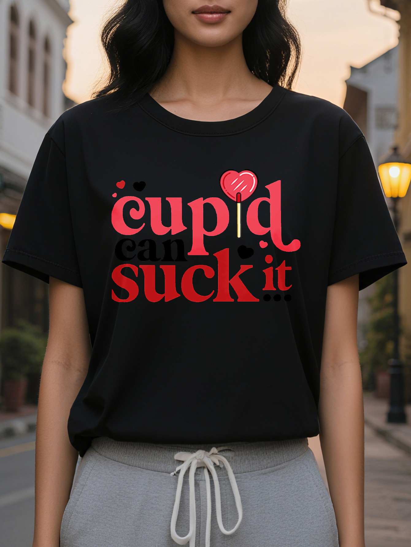 Ladies casual round neck T-shirt printed Cupid can suck it cotton knit fabric regular length spring and