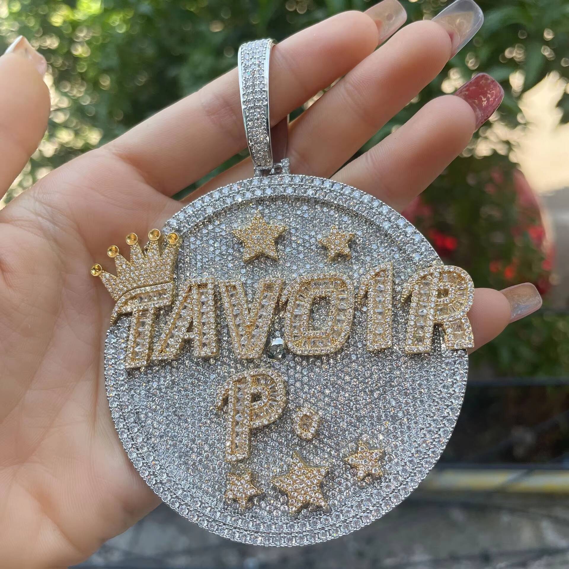 Large Disc Inlaid Alphabet Ice Crystal Star Necklace for Men