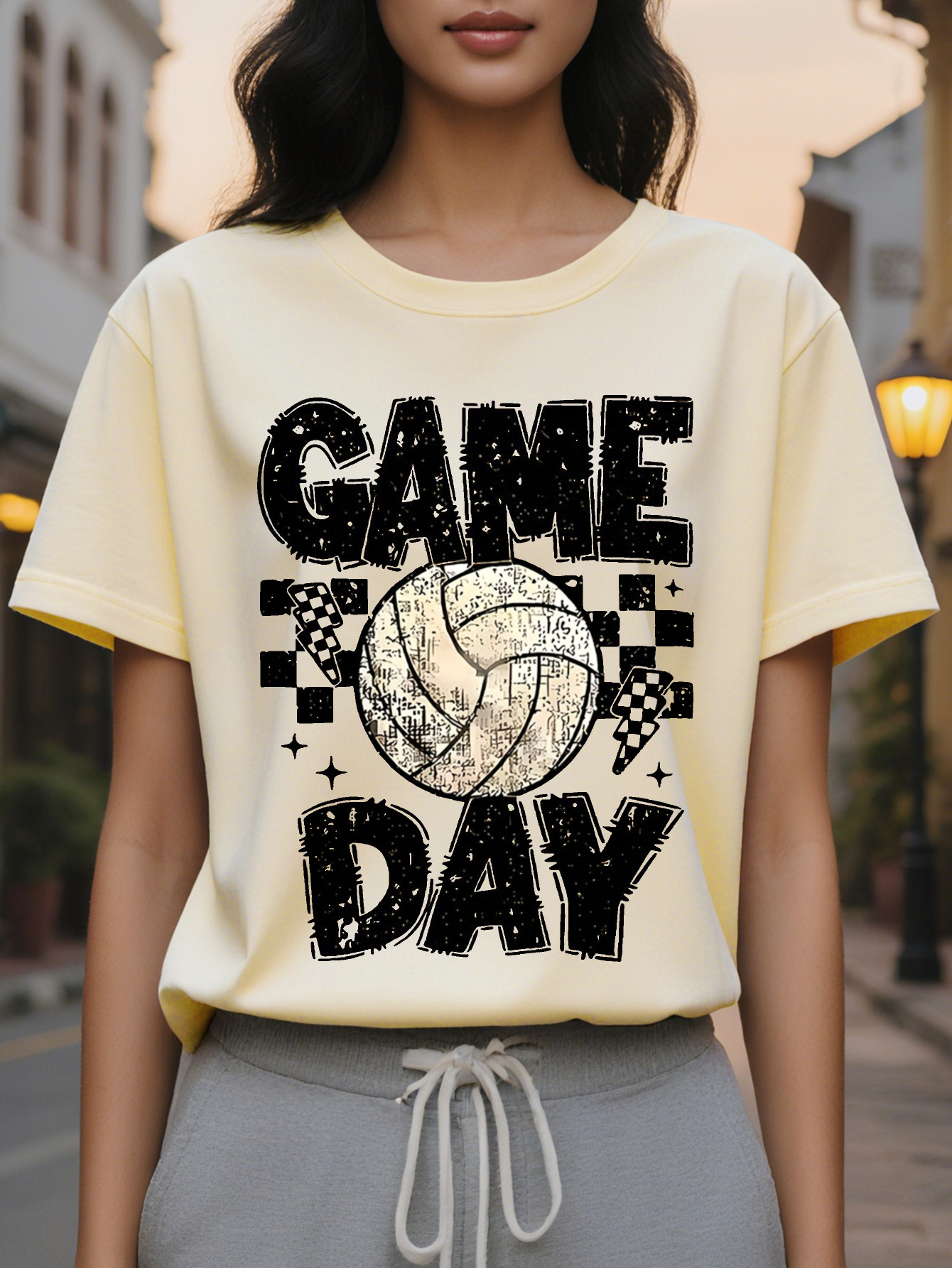 Match Day Women s T shirt Volleyball Plaid Printed Short Sleeve Spring and Leisure Loose Fit Washable Sportswear