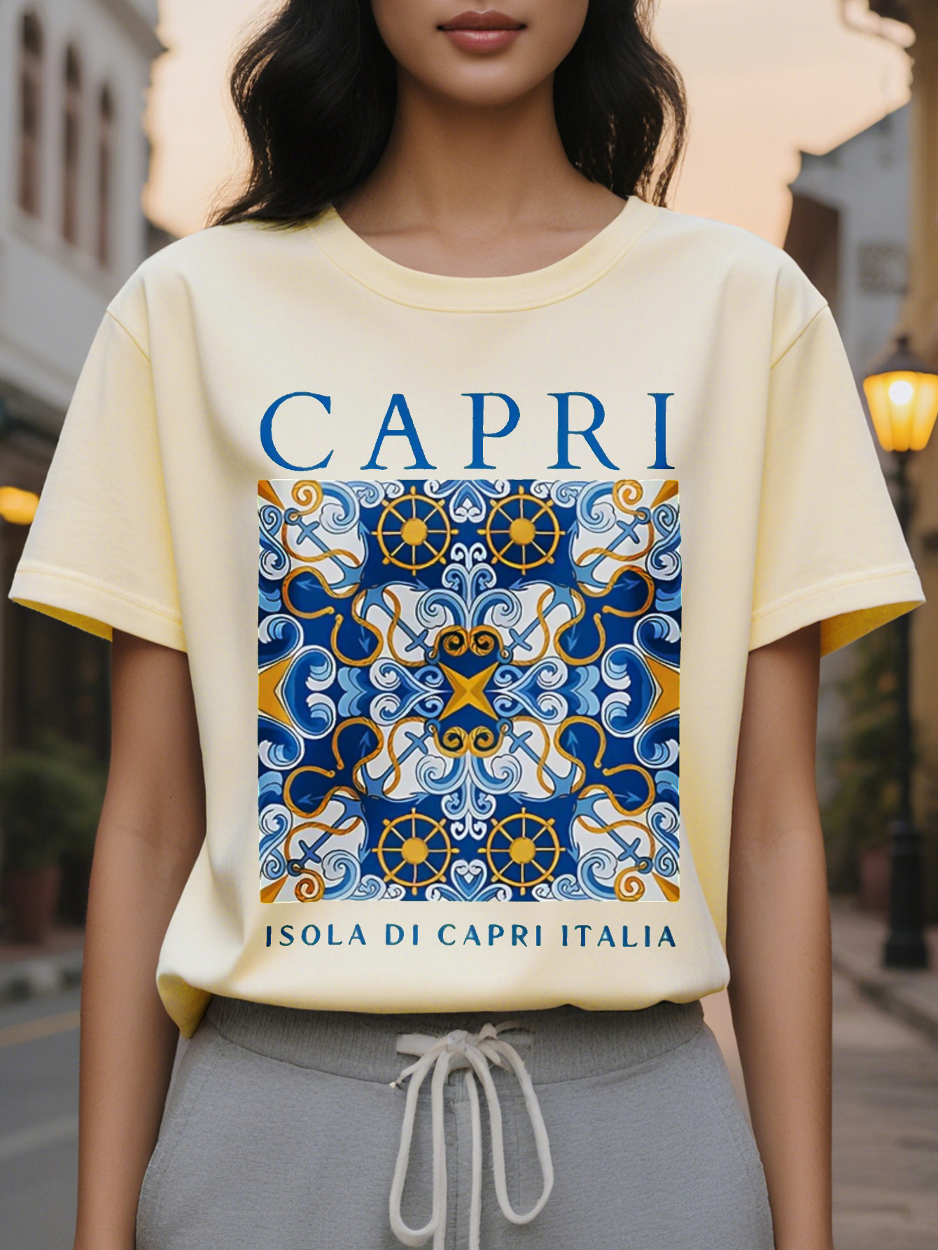 CAPRI American Style Trendy Printed Round Neck Short Sleeve T-Shirt Women's Spring and Summer New Slim Fit Slimming
