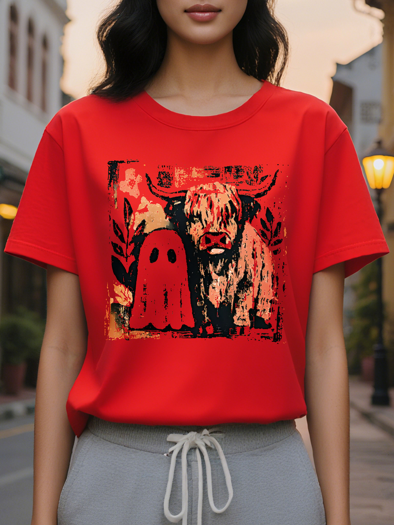 Women s Halloween Round Neck Pullover with Scottish Print Beige Orange Plaid Pattern Cozy Fall Christmas and Casual