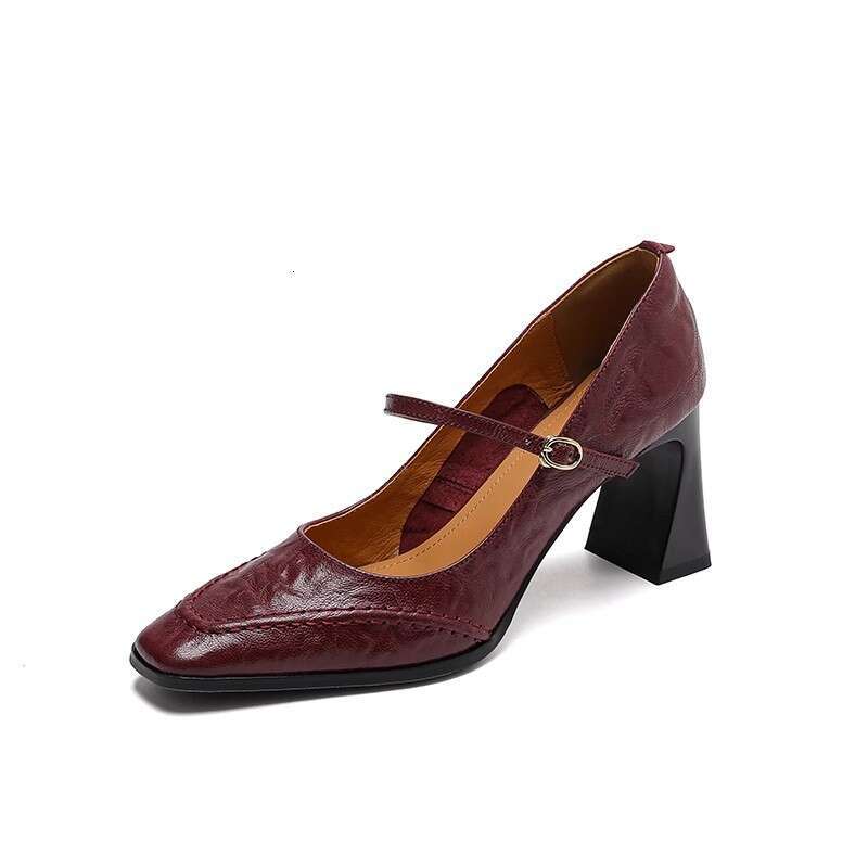 French Mary Jane Shoes for Designer Shoe Women, Squ Toe, One Strap, Burgundy Thick Heel, White Commuter High Heels