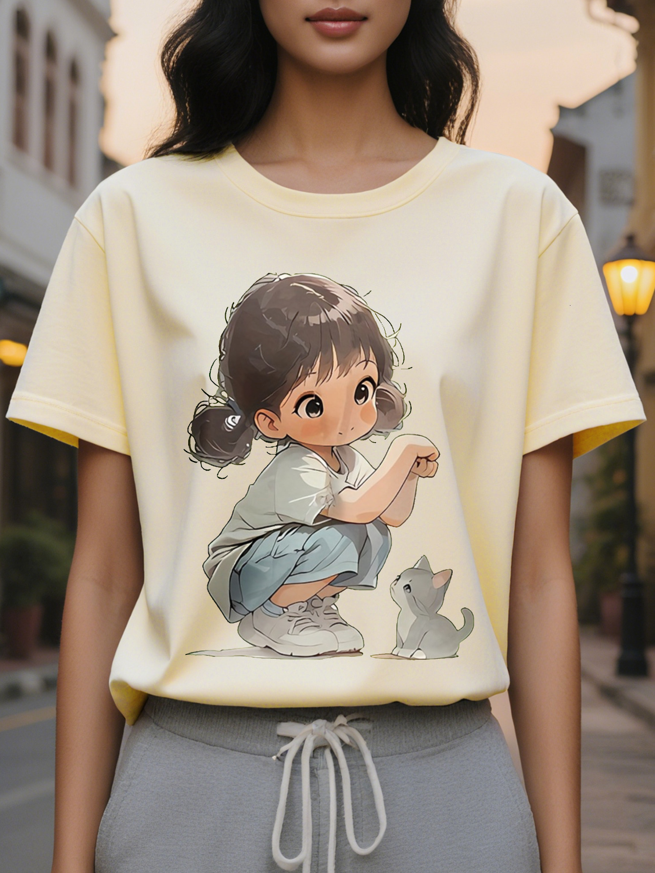 Ladies Lime Green T-Shirt Cute Cat Pattern Short Sleeve Jacket Light And Thin Daily Leisure Summer Beach Clothes Hine