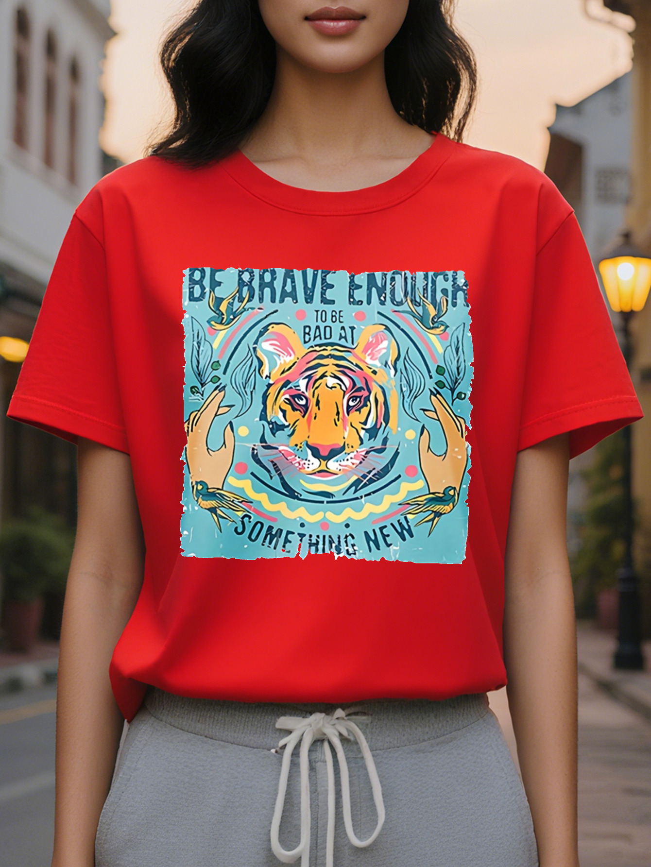 BE BRAVE ENOUGH American Printed Pattern Spring and Summer New Fashion Round Neck T-shirt Slim Fit Slimming Women's