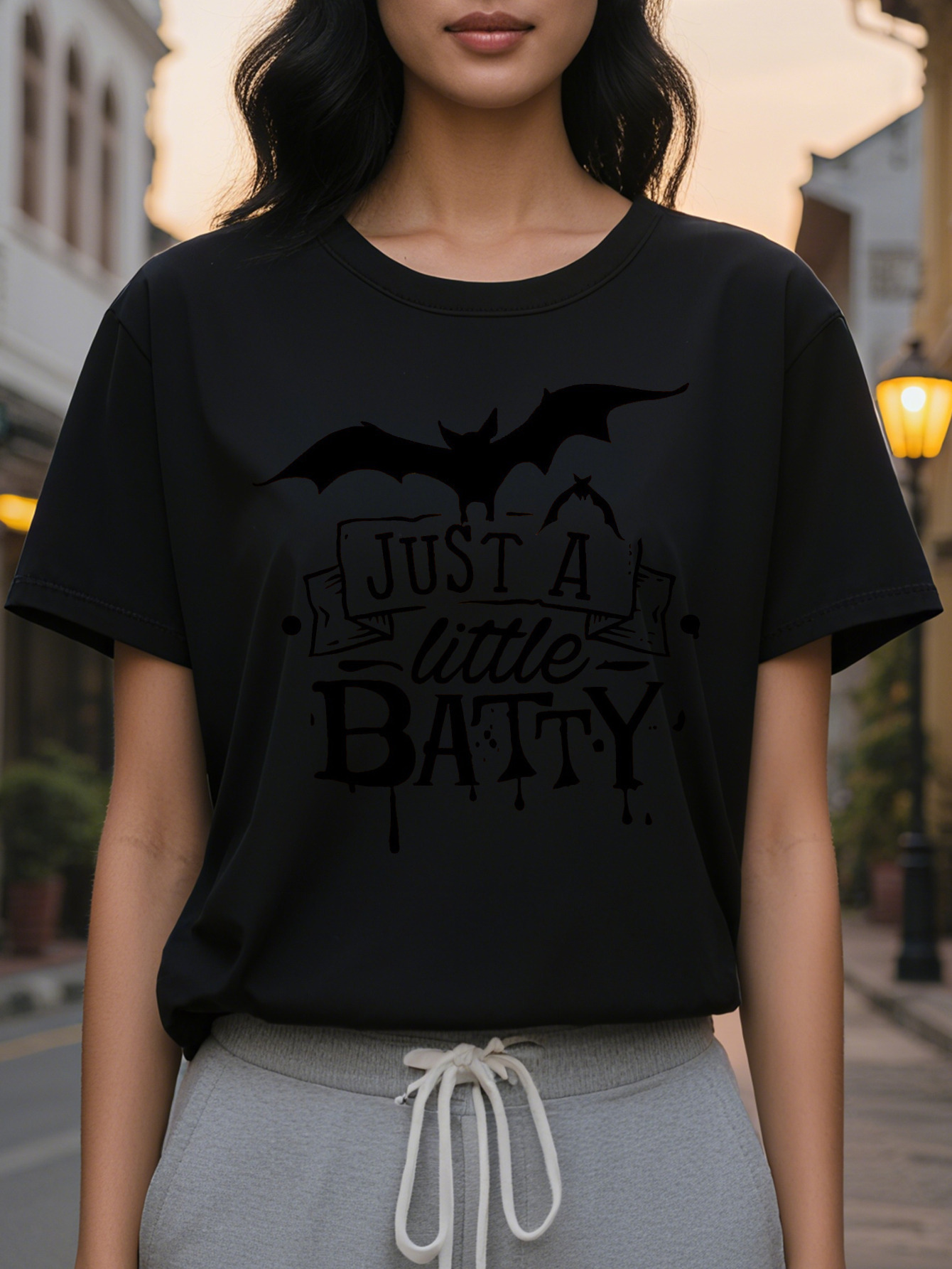 Women s Dark Gray Gothic Bat Graphic Tee JUST A LITTLE BATTY Vampire Saying Soft Everyday Halloween Party Shirt