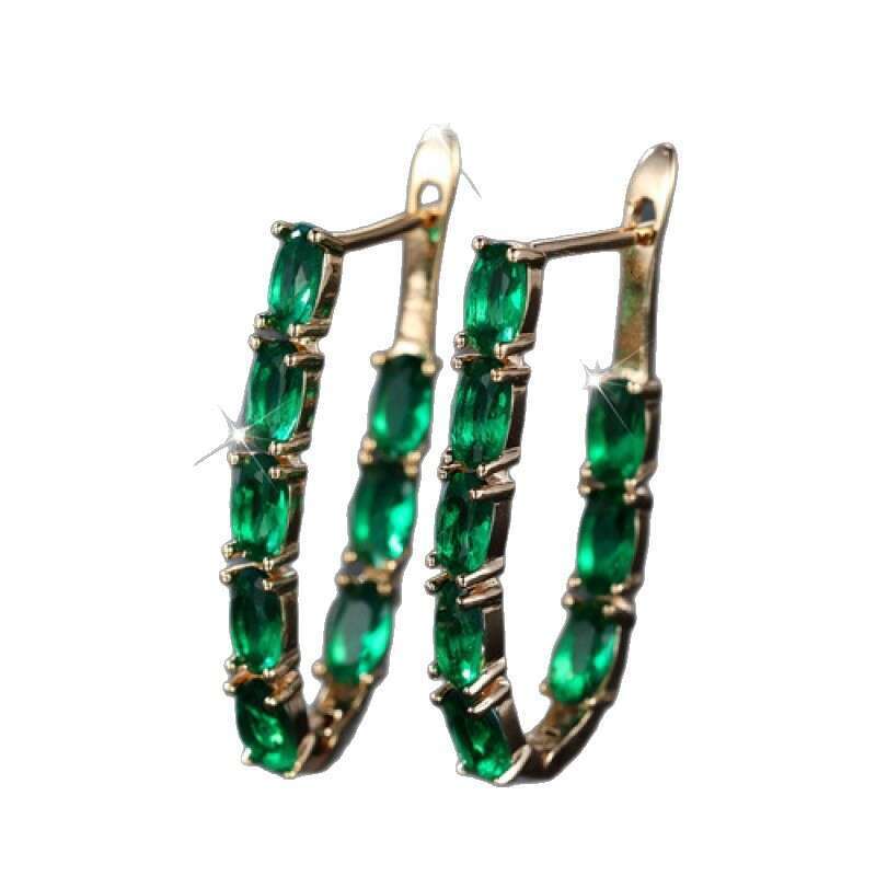 New V-Shaped Green Zircon Hoop Earrings - Elegant French Style Versatile Statement Earrings for Women
