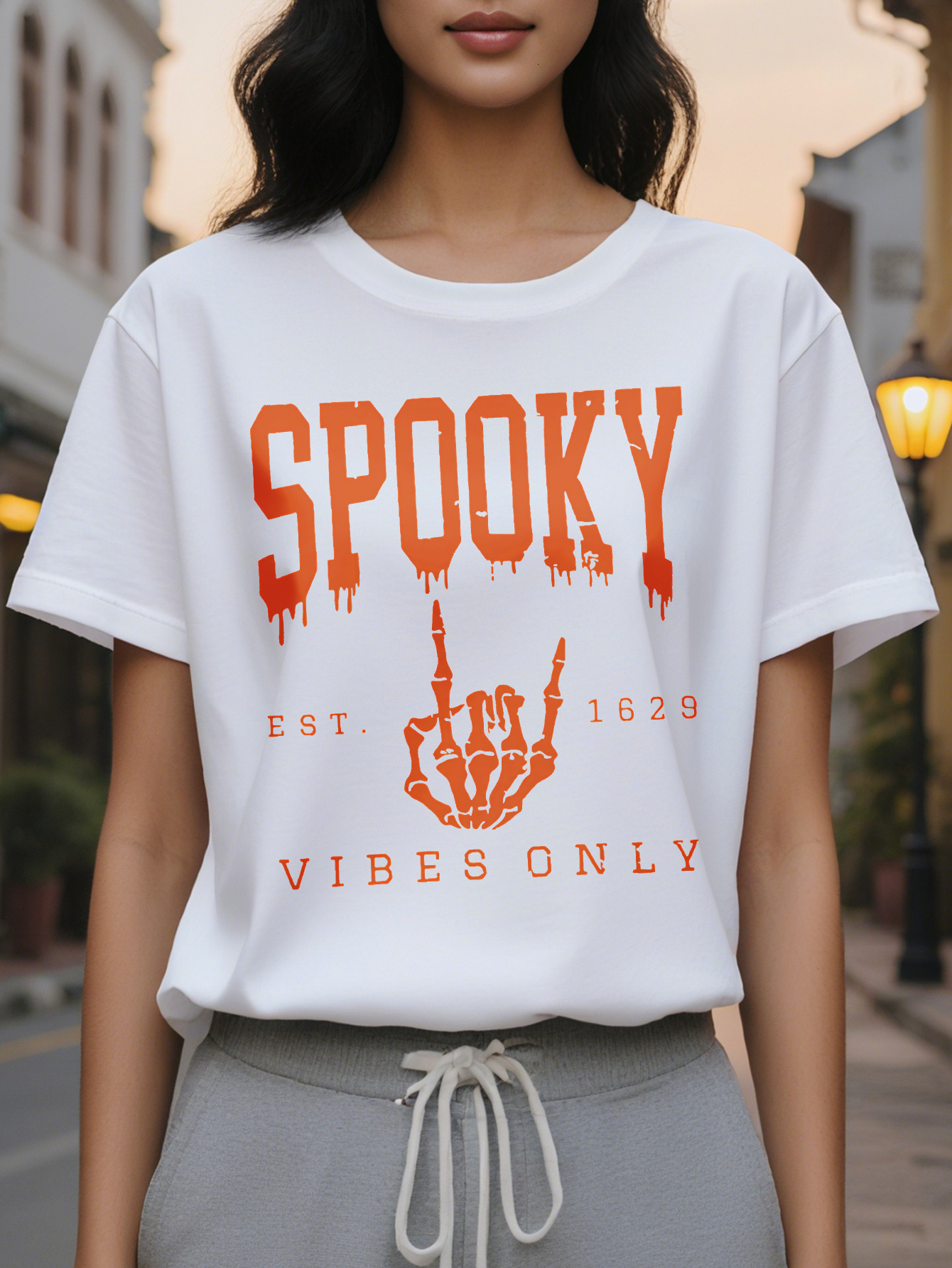 Large XL Women's Halloween Spooky Vibes Double Sided Printed T-Shirt Gothic Lettering Blood Drip Design Round Neck Short Plus Size