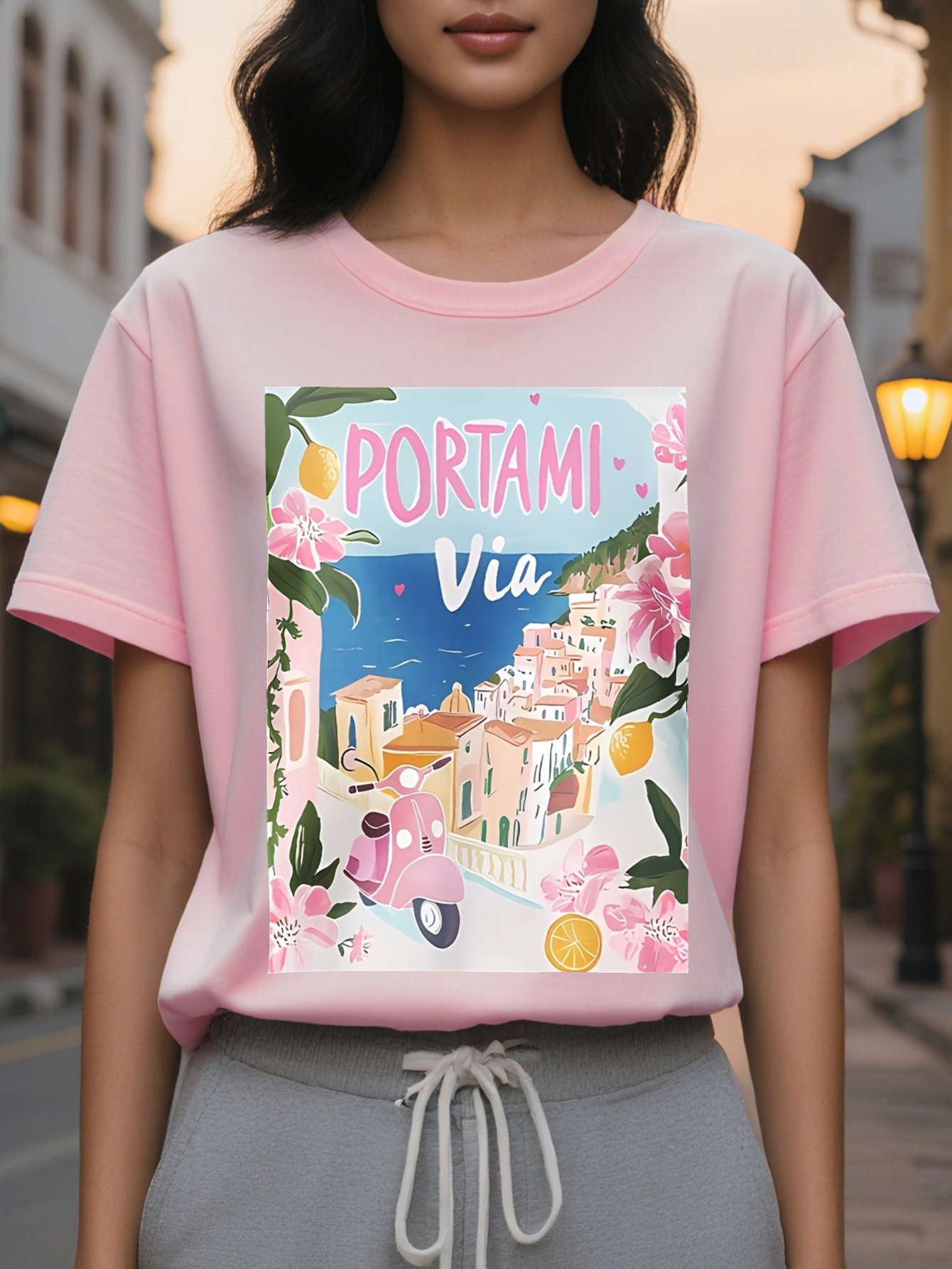 Large XL Women's Casual Short Sleeve T-Shirt Portofino Italy Graphic Print with Floral Pastel Buildings Soft Pink Round Plus Size