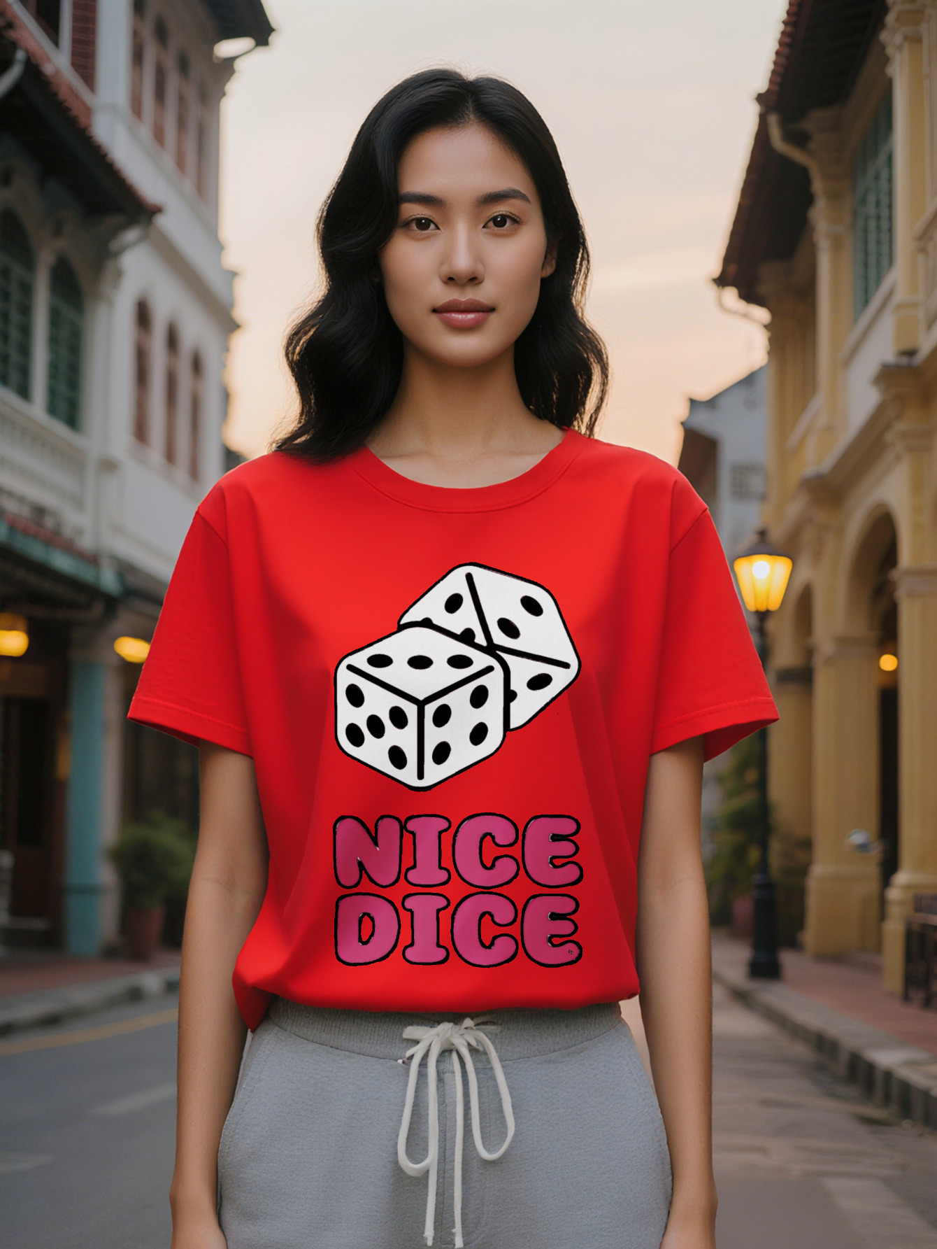 Large XL Women's Casual Graphic T-Shirt Bold NICE DICE Print Dice Design Black with White Pink Lettering Round Neck Summer Tee Plus Size