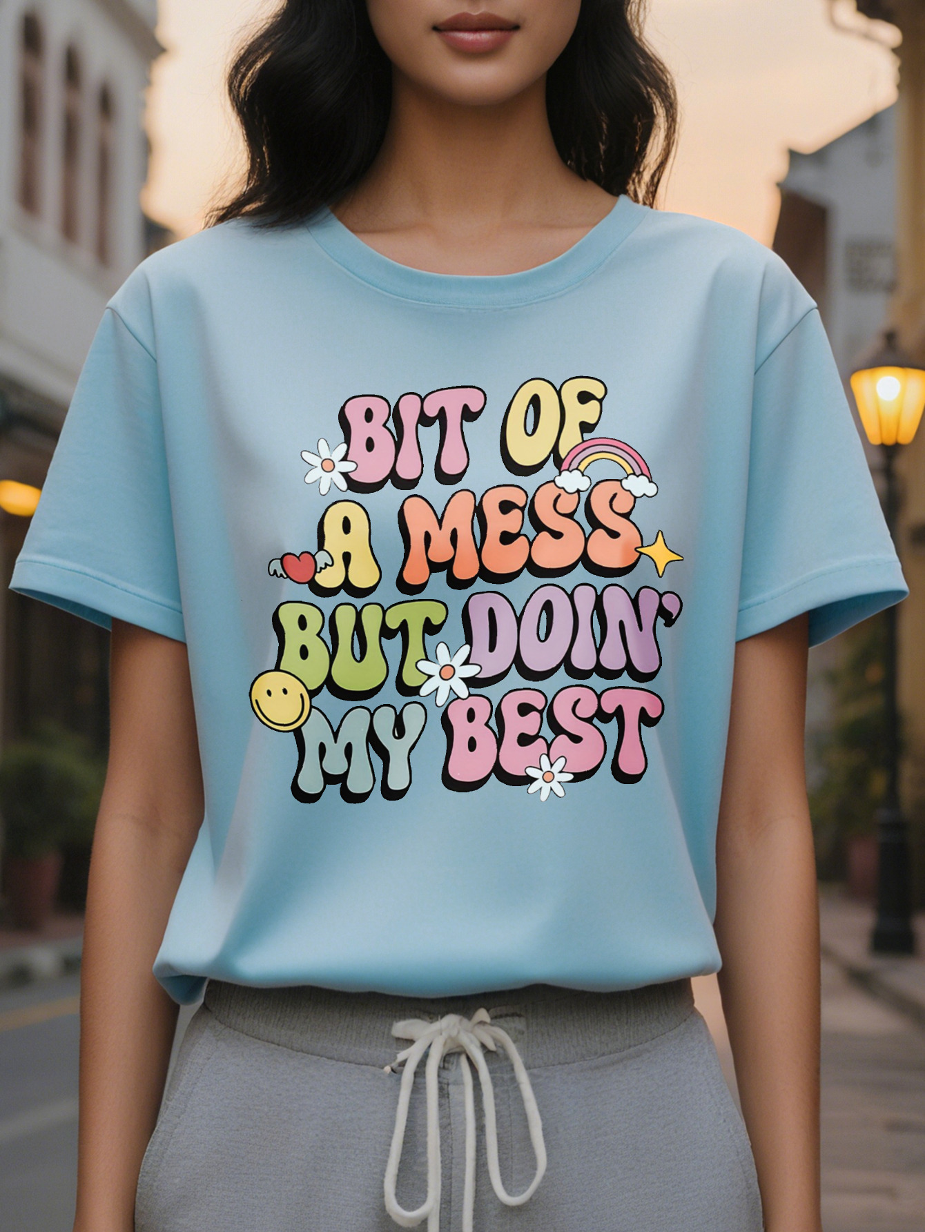 Women's Casual Short Sleeve T-Shirt A Bit of a Mess But Doing My Best Slogan Floral Star Print Heather Gray