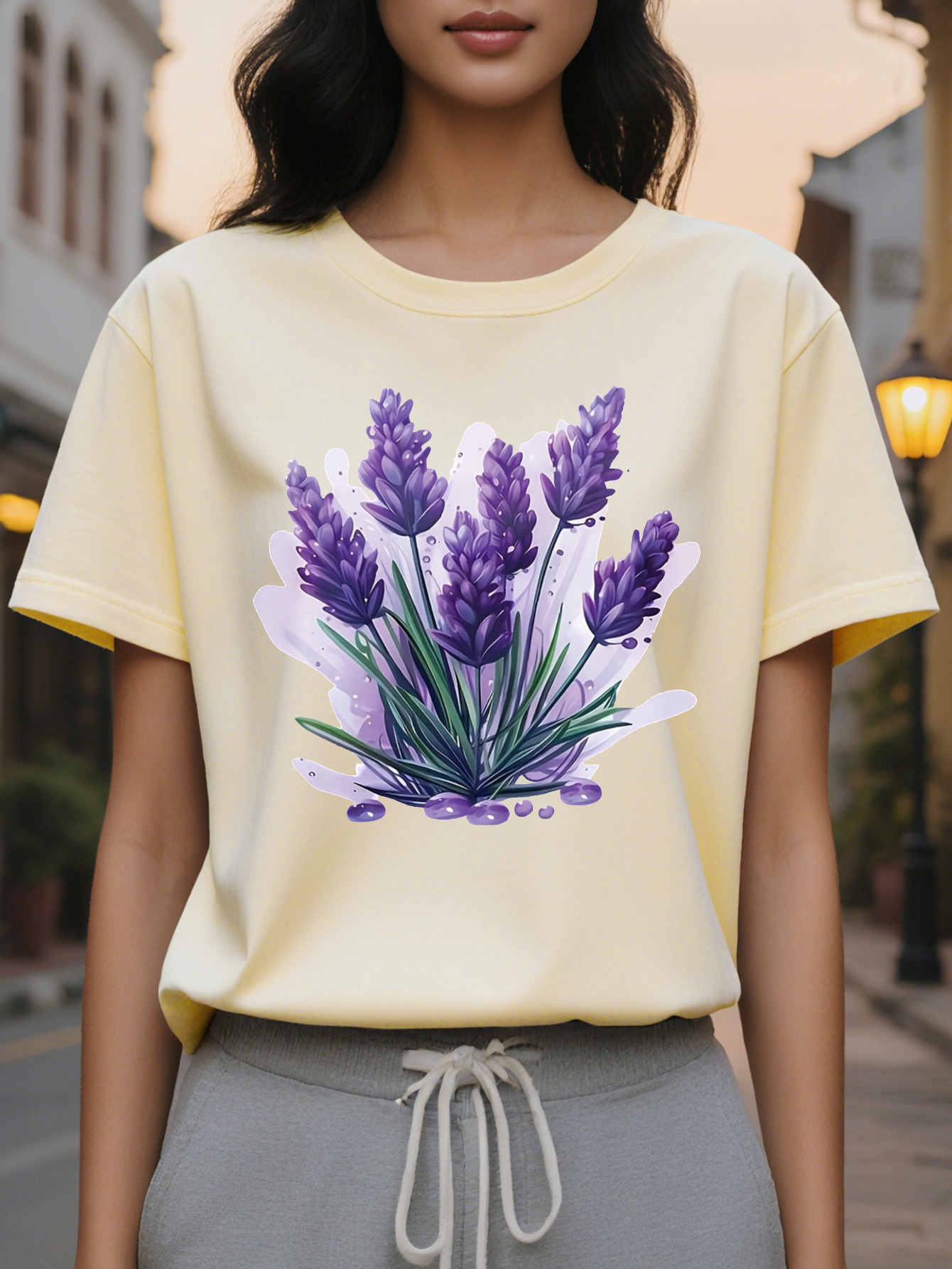 Large XL Lavender Tee Lightweight Cotton Women's Floral Print T-Shirt Casual Short Sleeve Round Neck Perfect for Spring Plus Size