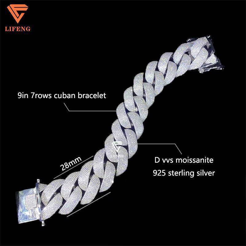 Lifeng Jewelry Moissanite Chain 28mm Bubble Cuban Bracelet Custom Cuban Link Chain Bracelet Hip Hop Cuban Link Chain 925 Silver