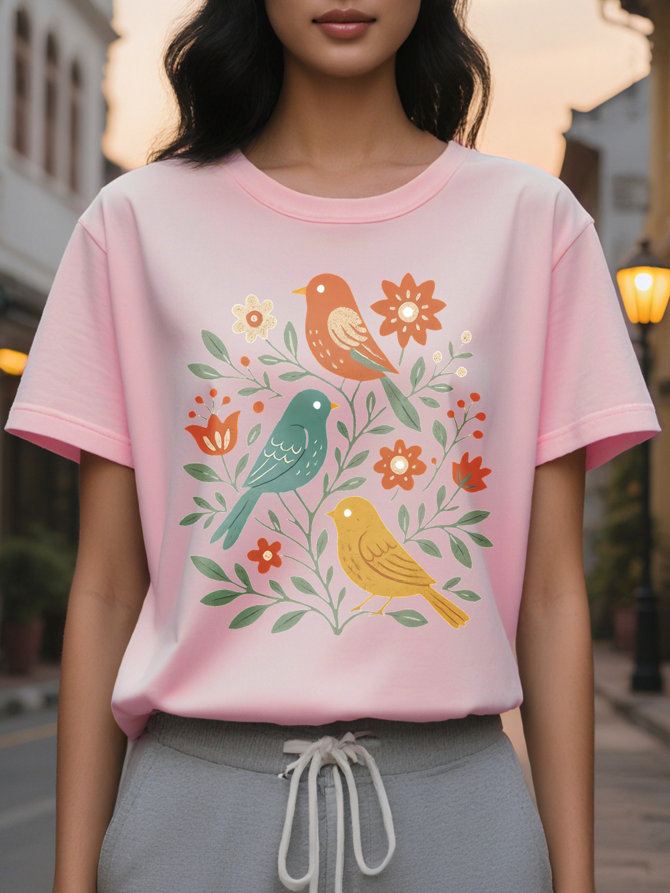 Large XL Women's Floral Bird Print T-Shirt Dark Gray with Orange Flowers Soft Stretchy Fabric Everyday Casual Formal Outfits Plus Size
