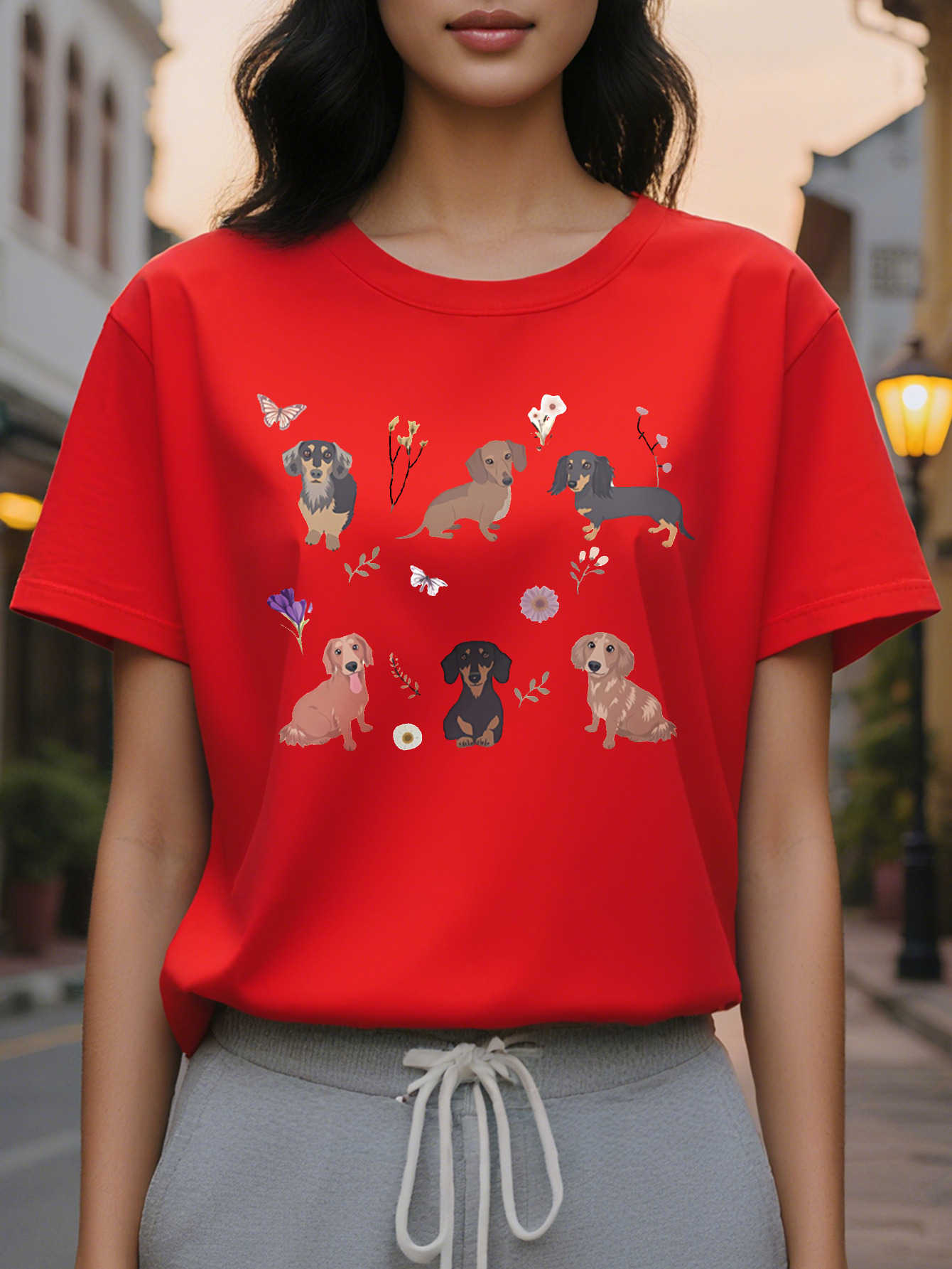 Dog American Print Pattern Fashion Round Neck Short Sleeve T-shirt Spring and Summer New Slim Fit Slimming Women's Top