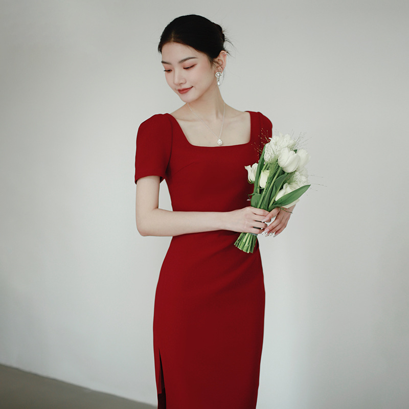 SL130 French style mini dress with square neck, short sleeves and slim fit