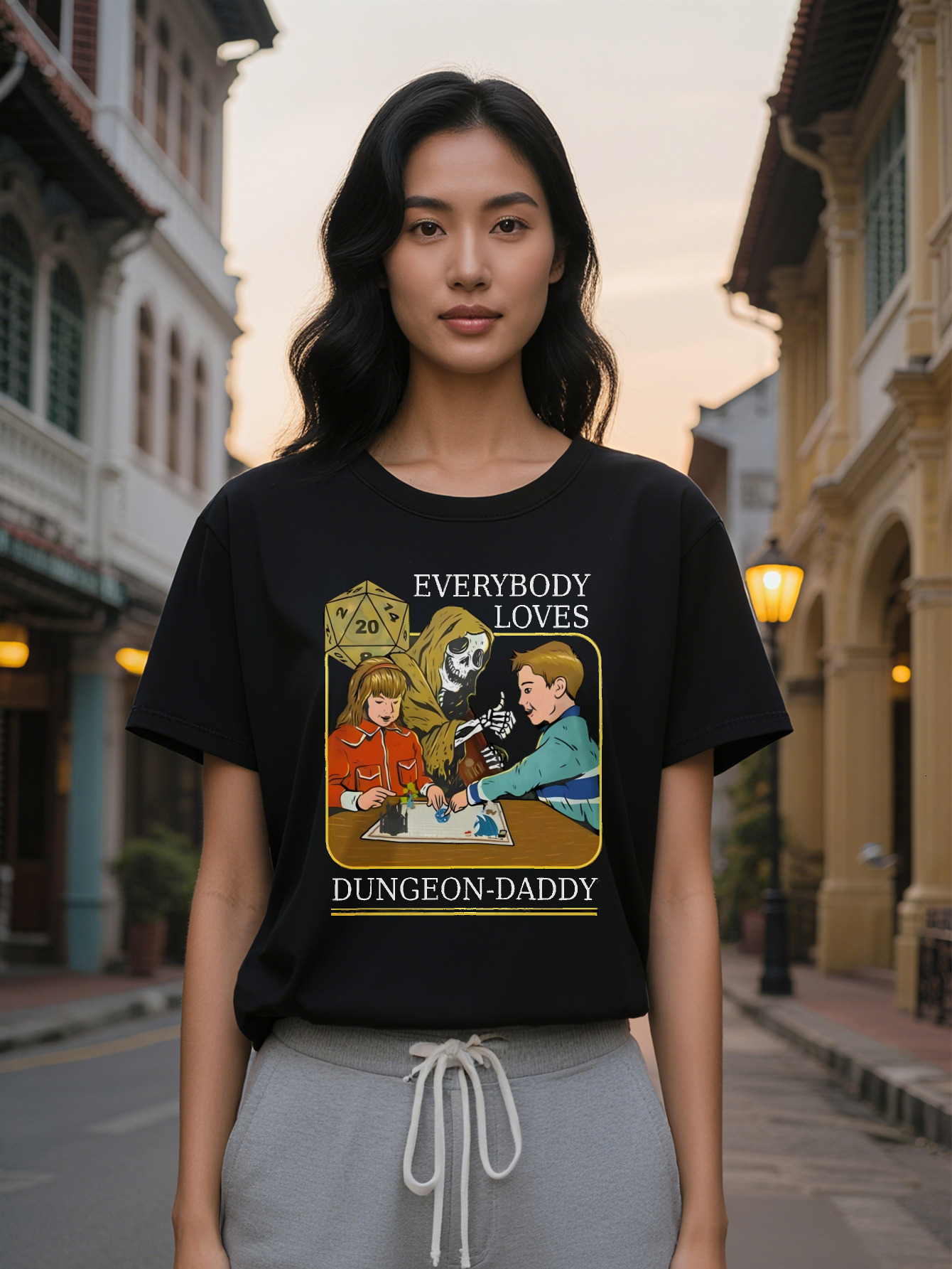 Large XL Women's Casual Graphic T-Shirt Dungeons Dragons Theme with Everybody Loves Dad Print Black Round Neck Summer Tee Plus Size