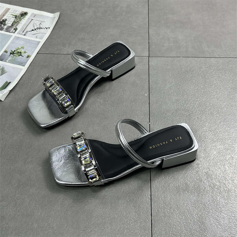 Women's Shoes 2025 Summer New Squ Open Toe Rhinestone Mid Designer Shoe Heel Celebrity Sandals Half One Word Slippers