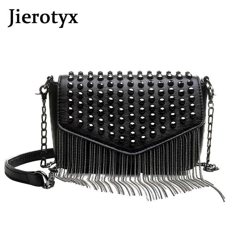 JIEROTYX FAshion Tassel Diamonds Design Mini Chain Shoulder Bag Crossbody Black Leather Female Bolsa Sac A Main Z250903
