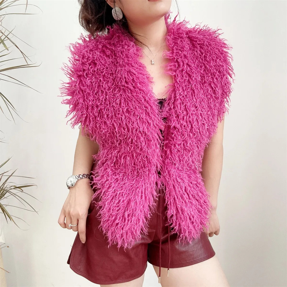 Fluffy Sexy Faux Mongolian Fur Halter Vests Women Solid Deep V-Neck Backless Bandage Sleeveless Jacket Top Outerwear Coat 250823