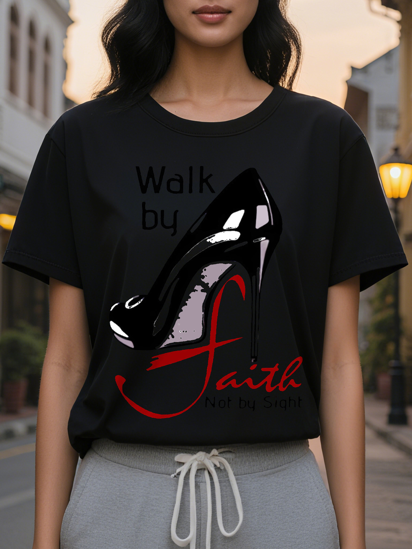 Large XL Walk by Faith Graphic Tee Soft Mid Elasticity Cotton Crew Neck Short Sleeve Top SpringSummer Regular Length hine Plus Size