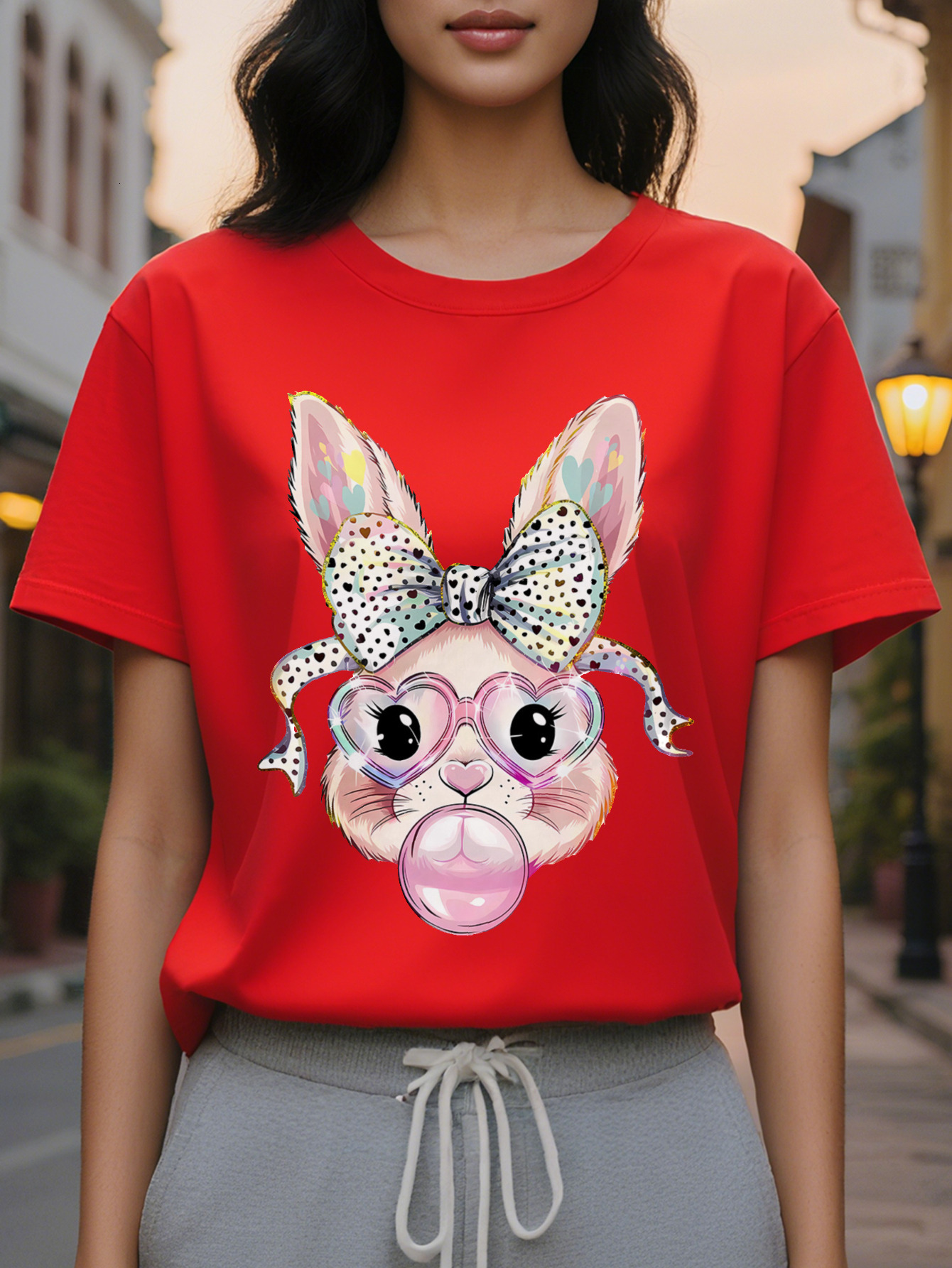 Women s Bubble Rabbit Easter Pattern Short Sleeve T Shirt Interesting Polka Dot Design with Glasses and Bow Breathable