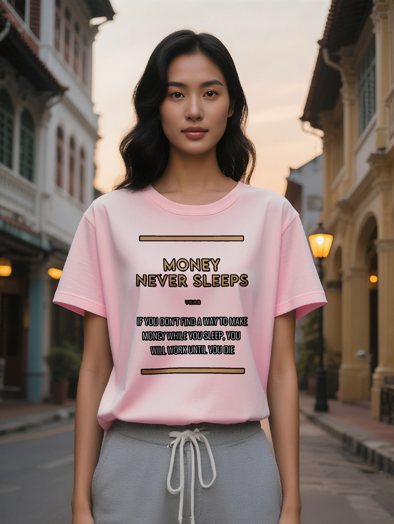 Crew Neck T-Shirt with MONEY NEVER SLEEPS Black Background Golden Lettering Regular Fit Summer Tee, Washable