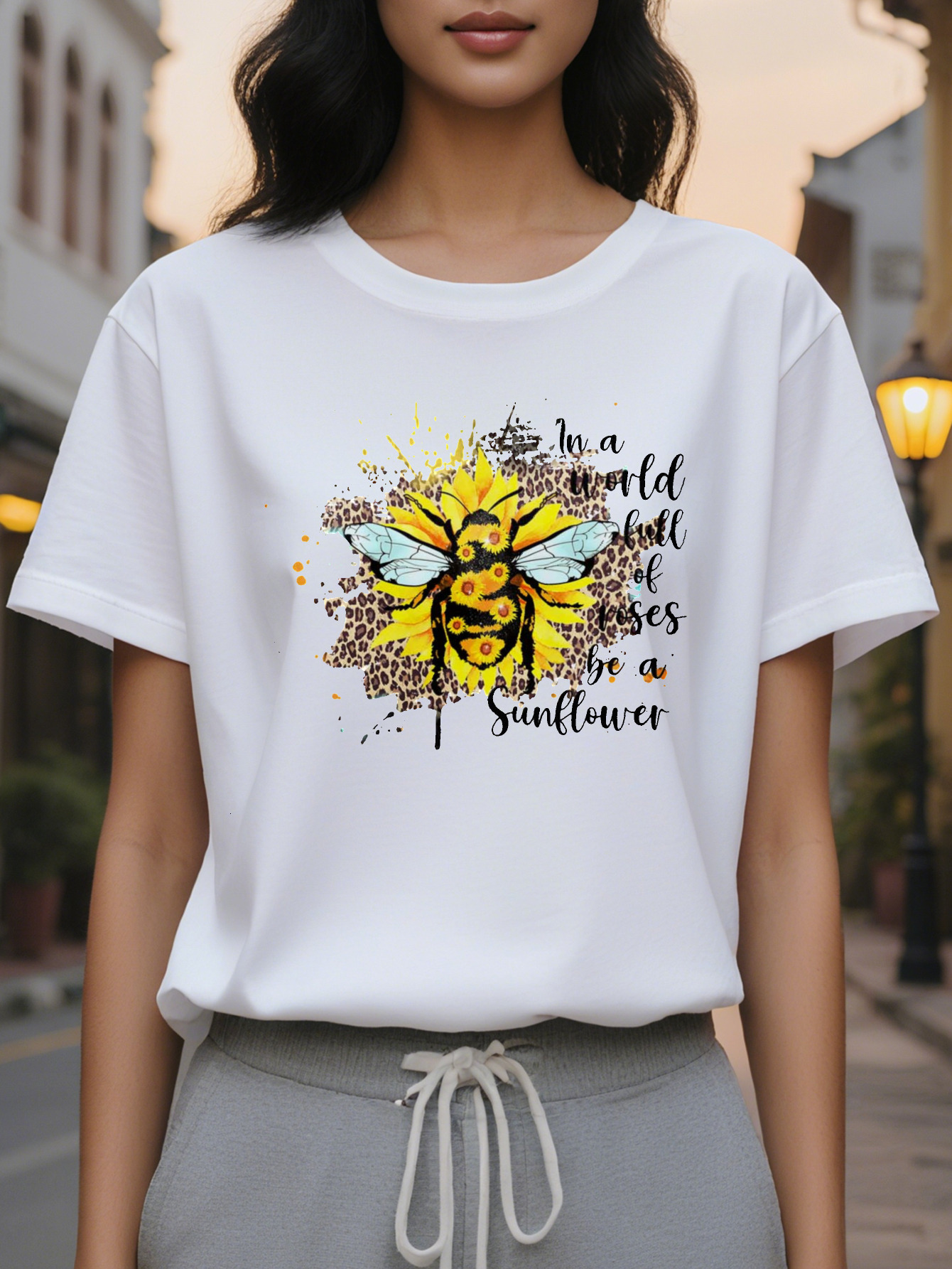 Women's elegant pattern sleeve T-shirt with inspirational quotes, white round neck, casual for autumn and winter