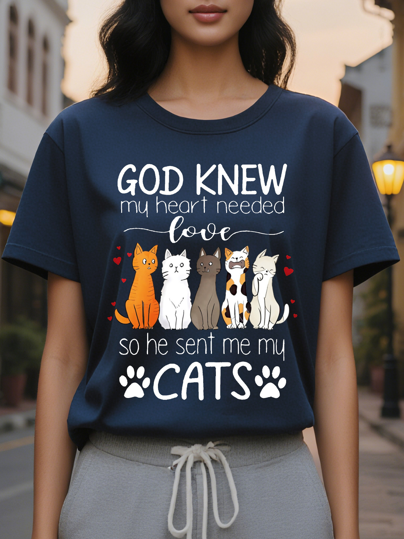 Large XL Tee Women's Casual Lover Graphic T-Shirt God Knew My Heart Needed Love Quote with Cartoon Cats Paw Prints Heather Plus Size