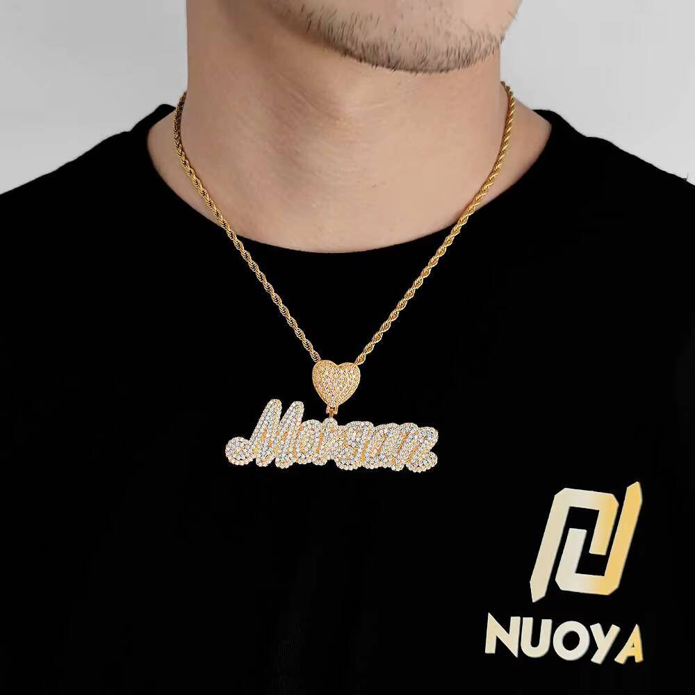 NUOYA Iced Out Moissanite Diamond Letter Pendant Necklace Rose Gold Heart Hook Design Custom Personalized Cursive Name Pendant