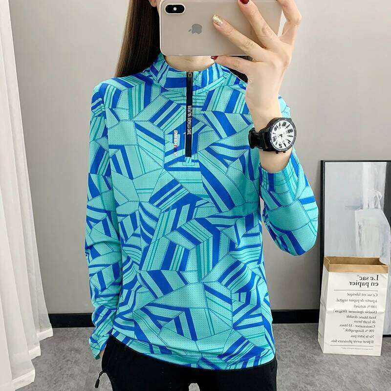 Women's Breathable Outdoor Sports Quick Dry Print Shirt Ladies Running Hiking Long Sleeve UV Clothing Camping Stand Collar Top