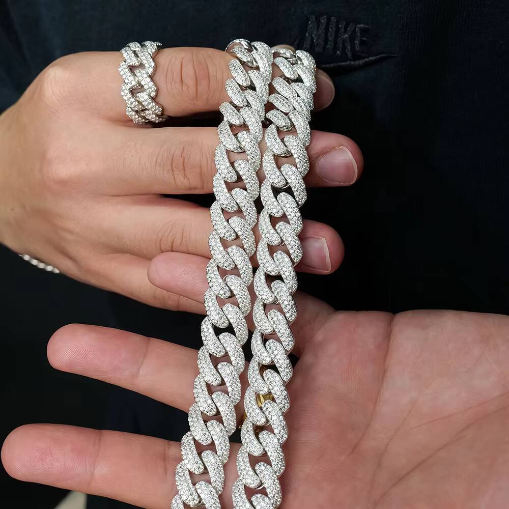 Hip Hop Jewelry 14mm Sterling Silver 925 Cuban Link Chain D VVS Moissanite Silver Cuban Chain Gold Plated Necklace Great Gift