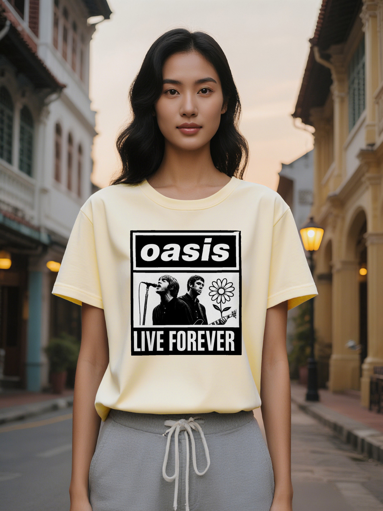 Large XL Lady Live Forever Lyrics Floral Designer Graphic T-Shirt Vintage Band Black with White Print Casual Everyday Concert Plus Size