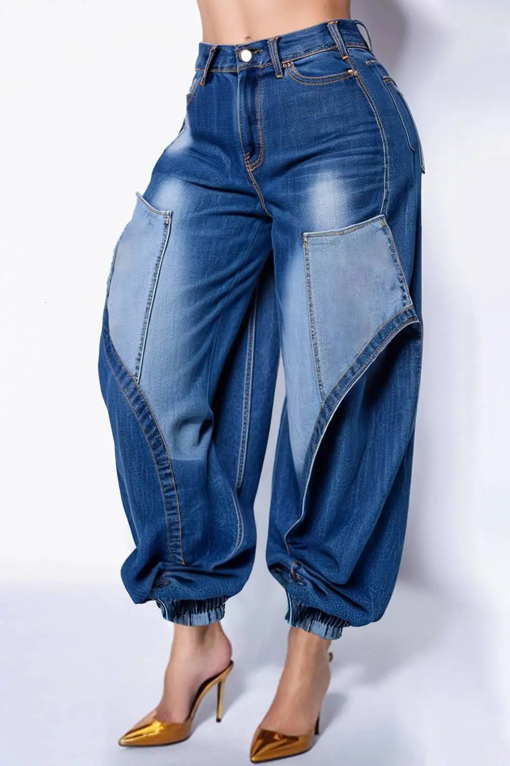 Plus Size Casual Blue Jogging Hight Waist Denim Jeans 250823Z