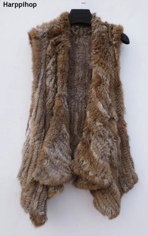 Harppihop Rabbit Fur Vest Women Knitted Rabbit Fur Gilet Handmade Knitted Female Trend Fur Vest Nature Waistcoat Export Fur 250823